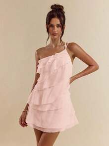 Solid Apricot Mini Dress With Lotus Leaf Overlay Suitable For Daily Dates, Nights Out, Nightclubs, Parties, Meetings, Cocktail Parties, Pool Parties, HAL2 - Old Rose - View 7