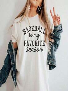 Women's Plus Size T-Shirt With 'Baseball Is My Favorite Season' Print, Casual, Black, Polyester, Short Sleeve, Crew Neck, Machine Washable, Spring And Summer Activewear, Fun Design T-Shirt, Suitable For Sports And Outdoor Activities - 白色 1 - 查看 1