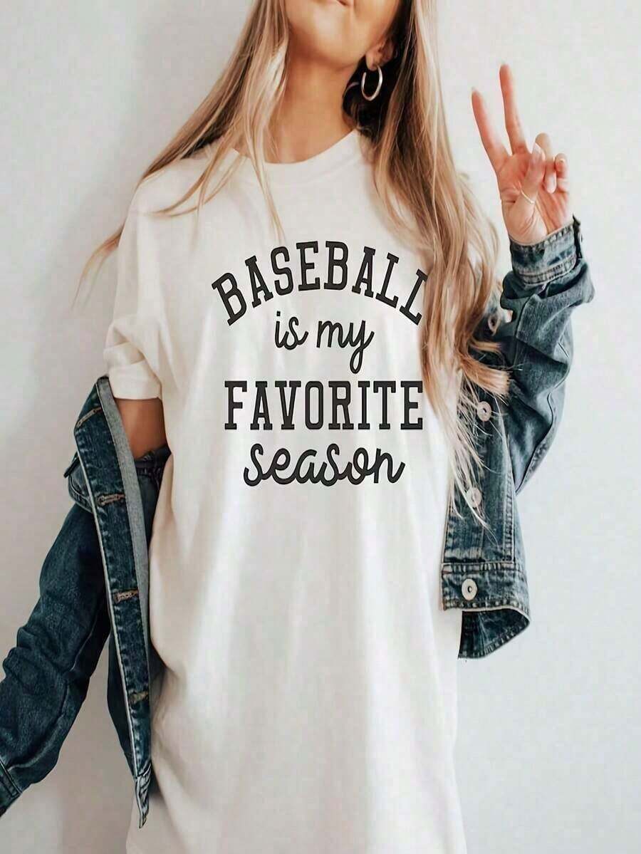 Women's Plus Size T-Shirt With 'Baseball Is My Favorite Season' Print, Casual, Black, Polyester, Short Sleeve, Crew Neck, Machine Washable, Spring And Summer Activewear, Fun Design T-Shirt, Suitable For Sports And Outdoor Activities - 白色 1 - 查看 1