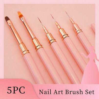 5Pcs Pink Nail Art Brush Set, 2 In 1 Dual Purpose For Liner & Drawing, Suitable For Nail Salon And Home Use