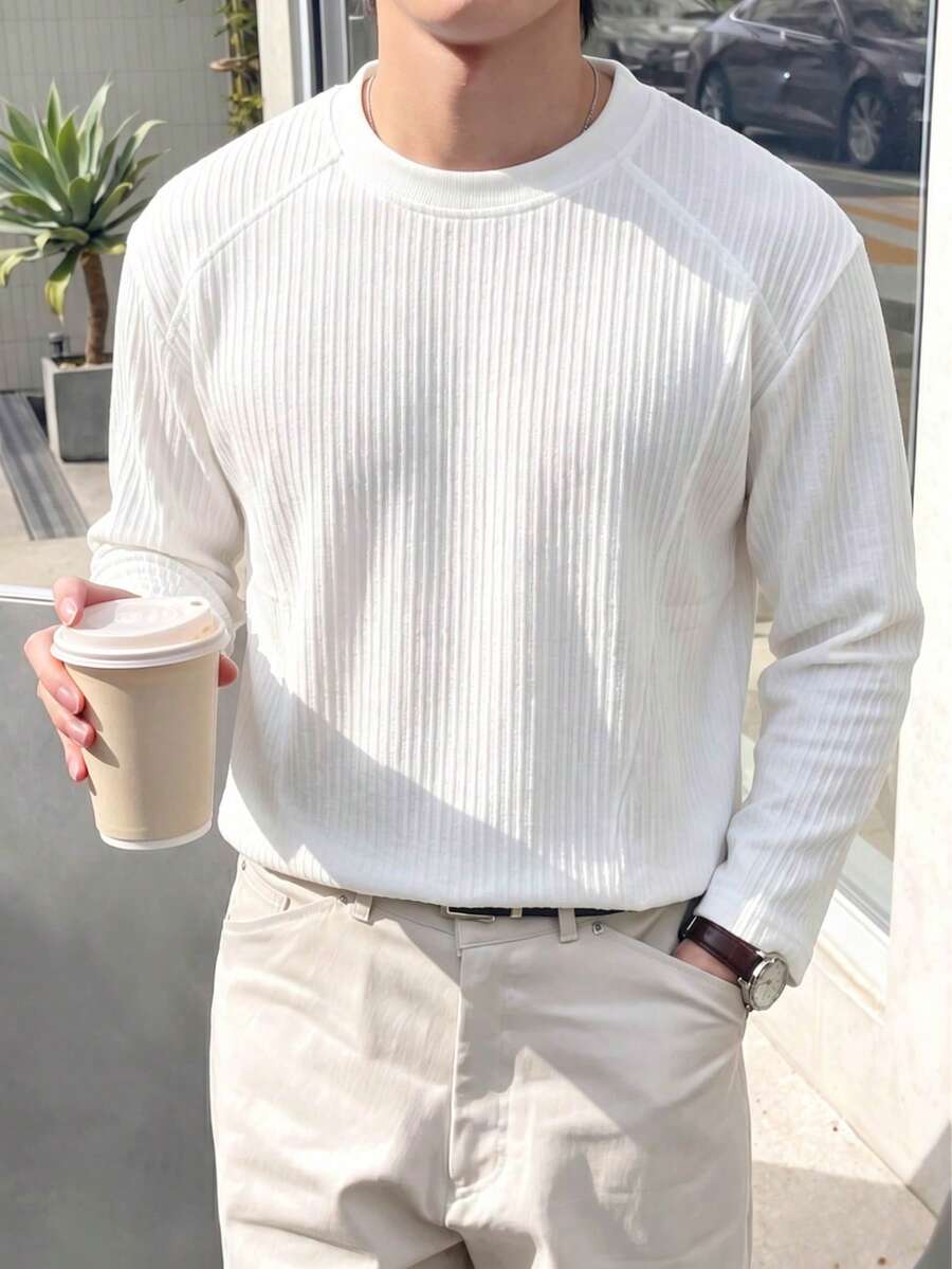 1pc Men's Crew Neck Patchwork Long Sleeve Sweatshirt, Comfortable Soft Lightweight Fabric, Korean Style Solid Color Ribbed Top, Minimalist Versatile Base Layer, Daily Commute Campus Street Casual - White - View 1
