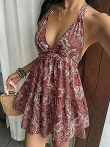 Vestido bohemio con estampado, sin espalda, con tirantes de lazo y moño, para uso casual, vacaciones y uso diario, primavera/verano para mujer - Rojo violeta - Ver 8