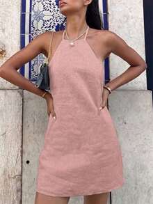 Vestido mini minimalista de mujer de unicolor, con cuello halter, para fiestas y viajes - Negro - Ver 9