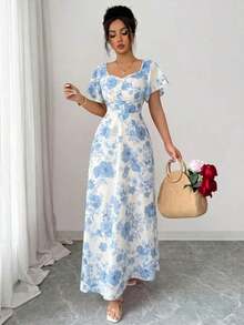 Elenzya Vestido de línea A con volantes en las mangas, fruncido en el frente y estampado floral de rosas, elegante y casual, ideal para vacaciones, viajes, citas, moda francesa y estilo retro, versátil para primavera y verano, de manga corta y largo maxi, en rojo, blanco y multicolor - Multicolor 2 - Ver 6
