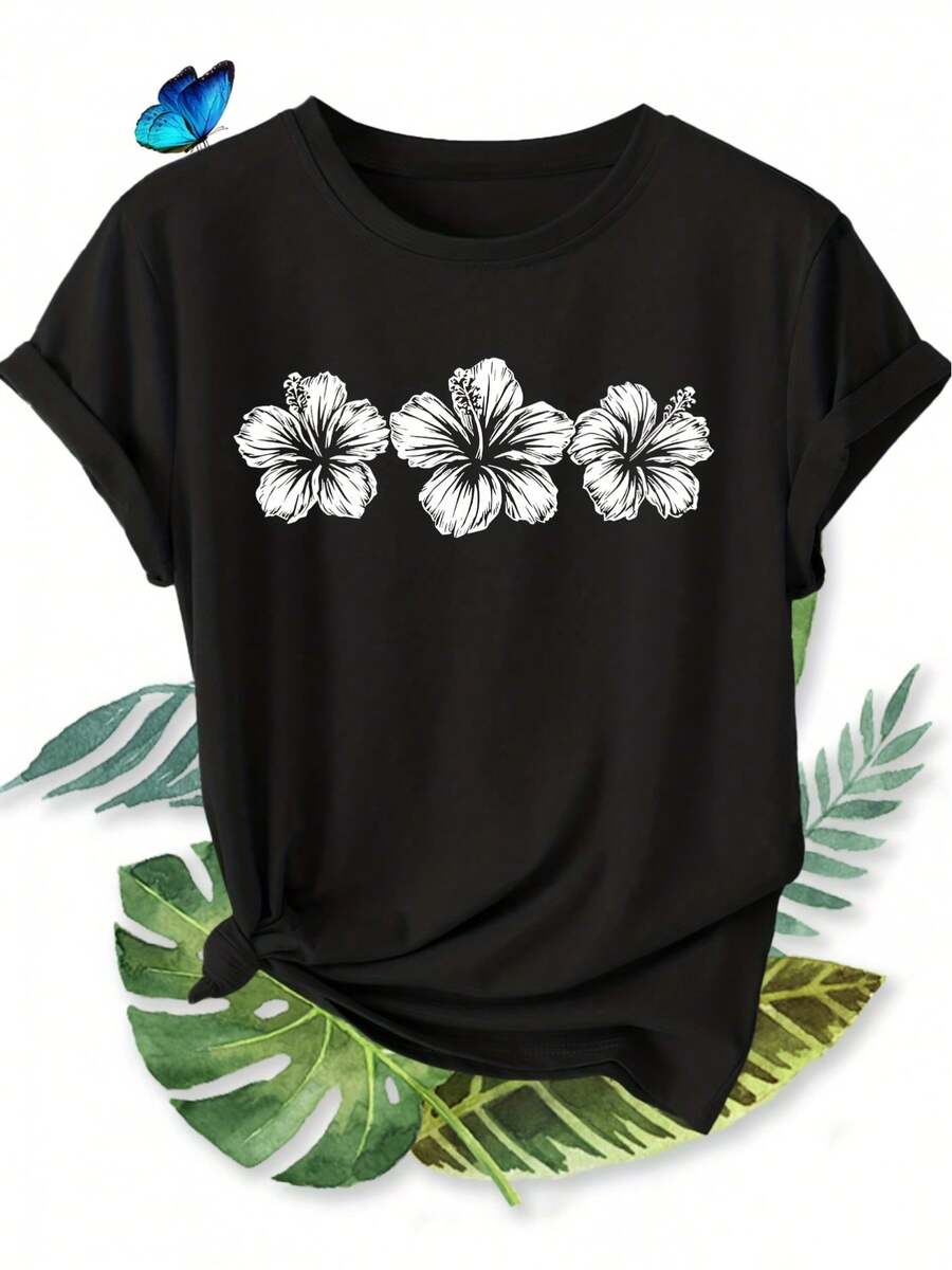 Women's Casual Sports T-Shirt In Black With White Hibiscus Flower Design - Elastic Round Neck T-Shirt, Machine Washable, Comfortable Fit And Suitable For All Seasons, For A Casual And Cool Look. - 黑色 - 查看 1