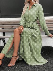 Vestido camisero largo de lino con lunares cómodo y arrugado para mujer, vestido camisero largo elegante con cuello vuelto, botones, cinturón y puños para vacaciones de estilo casual - verde menta - Ver 1