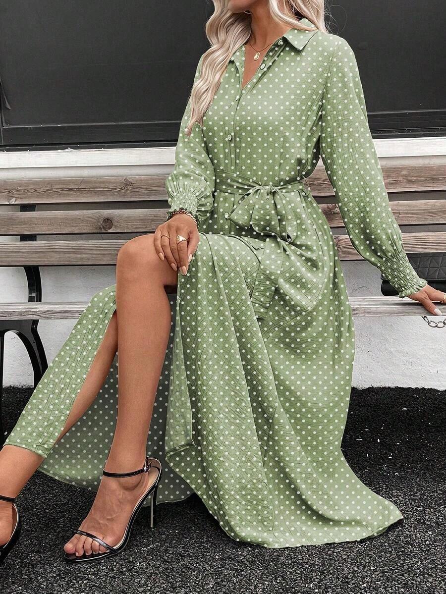 Vestido camisero largo de lino con lunares cómodo y arrugado para mujer, vestido camisero largo elegante con cuello vuelto, botones, cinturón y puños para vacaciones de estilo casual - verde menta - Ver 1