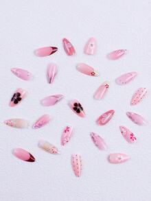 NAIO 24片/組 春夏短方型穿戴式假指甲，Y2K辣妹風花卉凝膠美甲，藍色漸層法式指尖搭配3D花朵、金色與貝殼裝飾，可重複使用，適合派對與日常配戴，含工具組，女性美甲禮物 - 彩色 - 查看 4