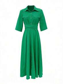 Vestido casual elegante de unicolor con botones delanteros para mujer, adecuado para vacaciones, uso diario, oficina, fiesta, concierto - Verde - Ver 4