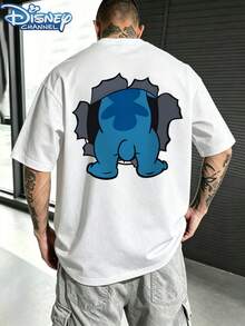 Disney Stitch Cracked Fabric Printed Short Sleeve T-Shirt, Disney Cartoon Printed Short Sleeve T-Shirt, Double-Sided Printed Design, Disney Star Baby Stitch Theme Short Sleeve, Men's Summer Short Sleeve Top, High-Quality Cotton Short Sleeve T-Shirt, Summer Loose Casual Pocket Short Sleeve, Universal For Men And Women, Disney Fan Must-Have, Disneyland Travel Dress, Couples, Everyday Wear, Street Wear, Vacation Wear, Campus Wear - 白色 - 查看 3