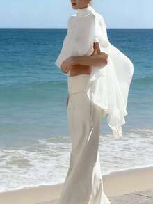 Boho Coquette Sheer Ruffle Kimono - Flowy Chiffon Open Front Cover-Up With Neck Scarf - trắng - Xem 5
