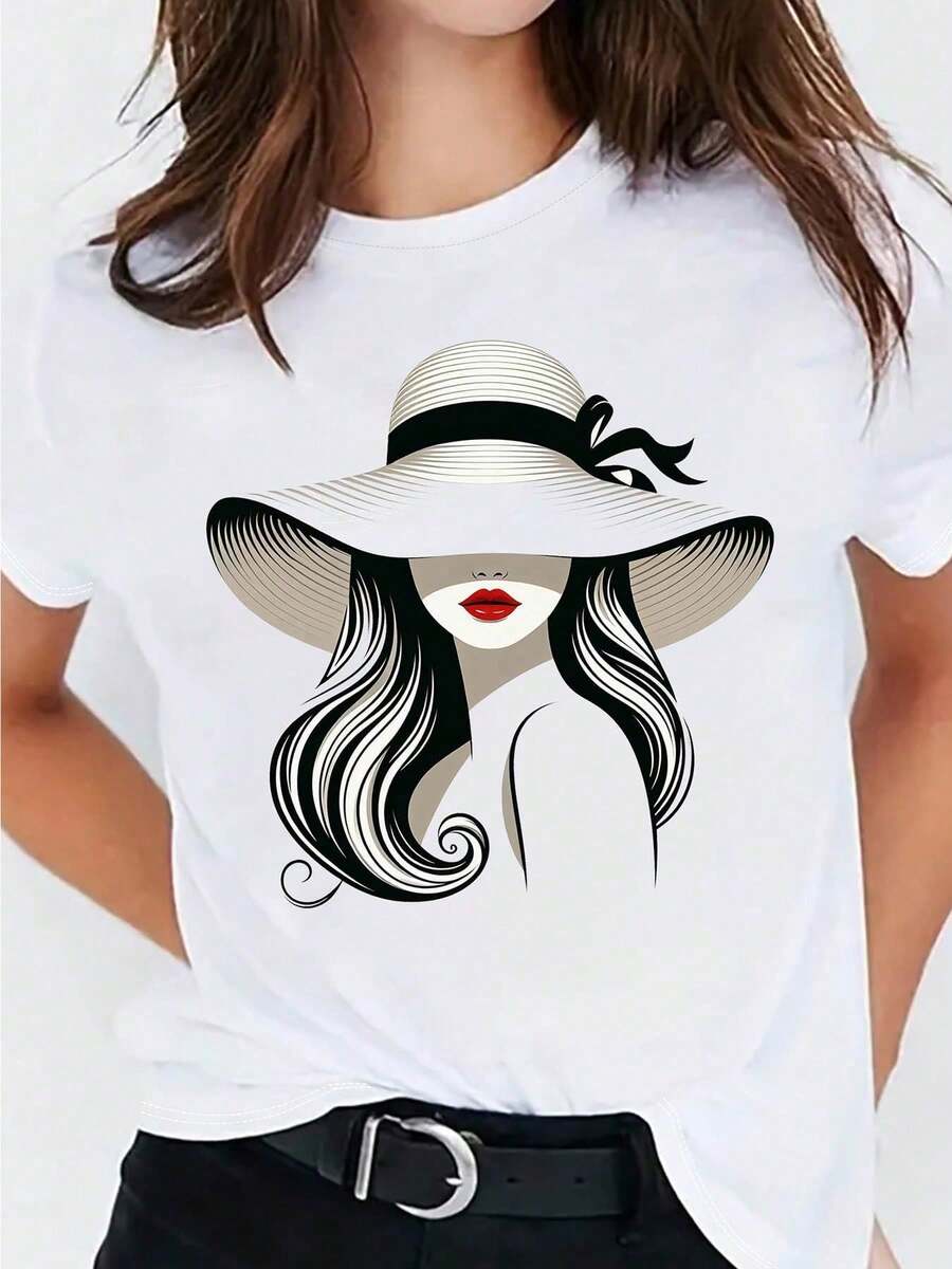 Women's Casual Short Sleeve T-Shirt - Round Neck, Stylish And Modern Print With Hat, Breathable And Medium Stretch Fabric, Machine Washable, Spring-Summer T-Shirts, Stylish Graphic Design, Soft Texture - 白色 - 查看 1