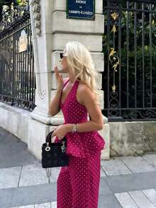 Summer Polka Dot Set With Open Back – Stylish 2-Piece Set For Holidays And Everyday Wear - 紫紅色 - 查看 2