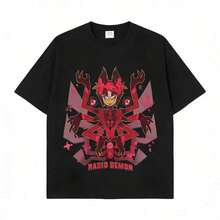 Hazbin Hotels Alastor X Charlie Couple T-Shirt, Anime Fanart Print Casual Tee. Suitable As A Gift. Women's T-Shirt. Elegant Blouses. Boho Chic. Soft, Breathable, And Comfortable Women's Top, Ideal For Spring, Summer, And Autumn, Perfect For Vacations, Travel, And Everyday Wear. - 黑色 7 - 查看 1