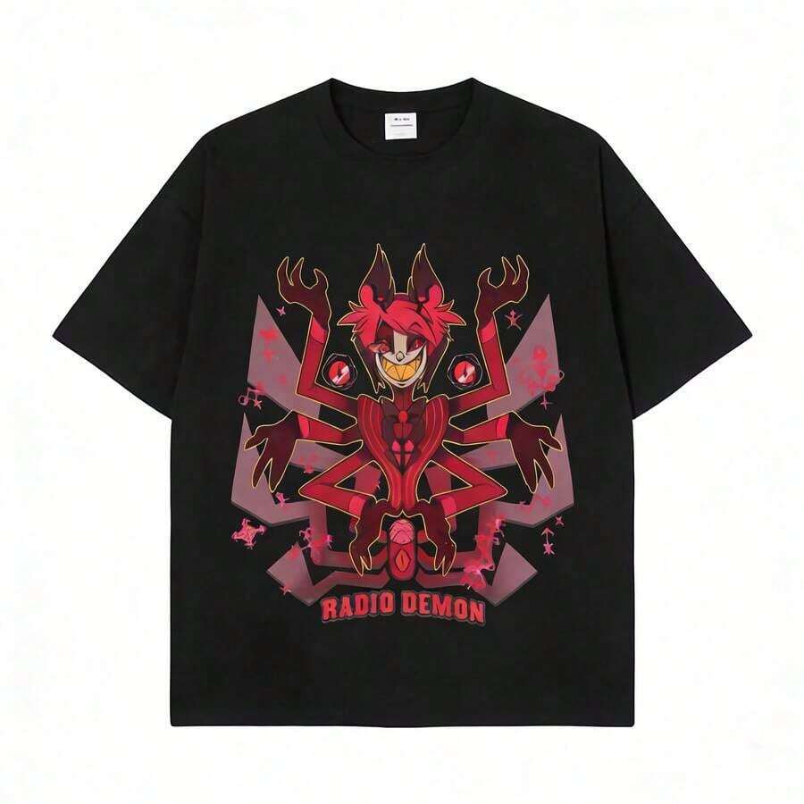 Hazbin Hotels Alastor X Charlie Couple T-Shirt, Anime Fanart Print Casual Tee. Suitable As A Gift. Women's T-Shirt. Elegant Blouses. Boho Chic. Soft, Breathable, And Comfortable Women's Top, Ideal For Spring, Summer, And Autumn, Perfect For Vacations, Travel, And Everyday Wear. - 黑色 7 - 查看 1