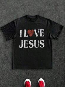 Men's 100% Cotton T-Shirt With Distressed "I Love Jesus" Graphic Print, Perfect For Everyday Wear By Christian Men, It's An Ideal Gift Option. - 黑色 - 查看 7