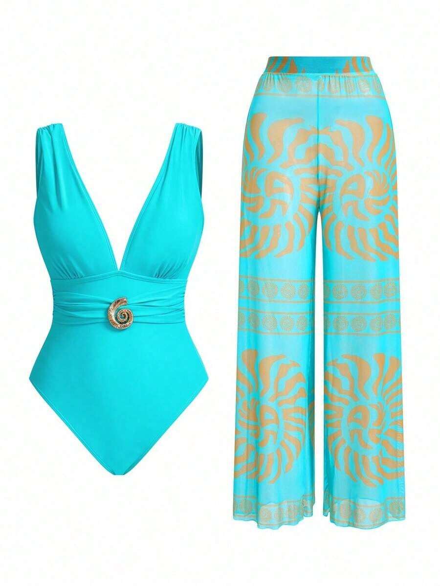 Swim Oasis Conjunto elegante de retro con estampado en espiral de un solo pieza de traje de baño coordinado con pantalón de pierna ancha, conjunto de vacaciones elegante para mujeres - verde menta - Ver 1