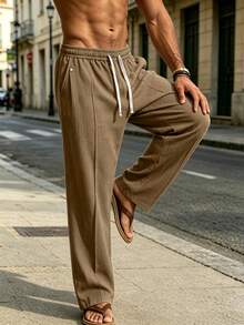 Men's Elastic Waist Loose Casual Pants, Lightweight Breathable Pockets Solid Color Street Style Trousers Sports - Khaki - View 6