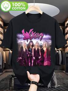327_ Tricou casual negru cu imprimeu vintage și logo Vixen, unisex. Grafica prezintă un logo roz și un portret al unei femei membru a grupului. Acest tricou cu mânecă scurtă și guler rotund este lavabil la mașină și este perfect pentru concerte și ținute casual. - Negru - Vizualizare 8