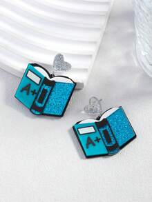 1 Đôi Bông Tai Treo Hình Quyển Sách Acrylic Màu Xanh Đính Kim Sa Ghép, Đơn Giản, Thời Trang Và Đa Năng, Bông Tai Phong Cách Đại Học - Màu xanh lam - Xem 4