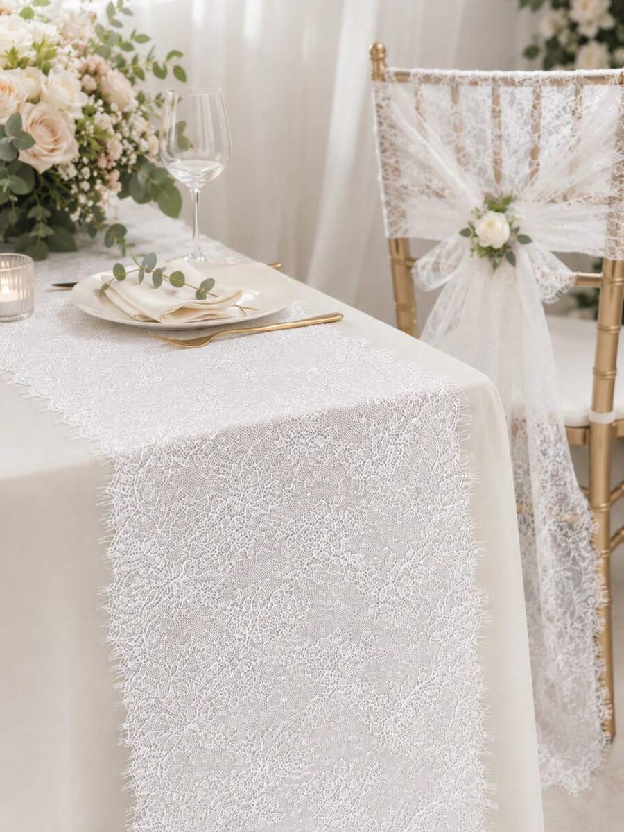 1 pieza Camino de mesa de encaje blanco de 9.84x118.11 pulgadas, camino de mesa bohemio bordado en marfil, cinta de encaje elástica con patrón floral bordado, tela de encaje para decoraciones de mesa de boda rústica, fiesta de ducha nupcial, caminos de mesa vintage