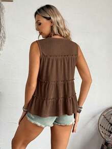Chaleco holgado de mujer con cuello redondo y ribete de volantes en unicolor, adecuado para vacaciones, oficina, uso diario, estilo occidental, estilo bohemio, babydoll - Negro - Ver 9