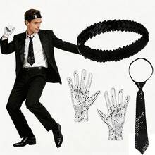Bộ trang phục vũ công disco thập niên 1980 lấp lánh ngôi sao gồm 4 món, bao gồm mũ đính sequin, găng tay đính sequin, bộ cosplay hip hop thời trang buộc dây, phù hợp cho lễ hội người lớn, Halloween, tiệc disco retro thập niên 1980. - Nhiều màu - Xem 6