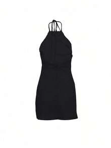 Vestido mini minimalista de mujer de unicolor, con cuello halter, para fiestas y viajes - Negro - Ver 2