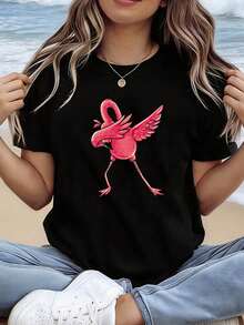 Women's Short Sleeve Crew Neck T-Shirt With Cartoon Flamingo Print And Pattern, For Casual Shopping, Holiday Gifts, Friends Gatherings And Vacation Wear - Unisex Urban Vintage Style Loose Fit Cotton Crew Neck Short Sleeve T-Shirt. - 黑色 - 查看 1