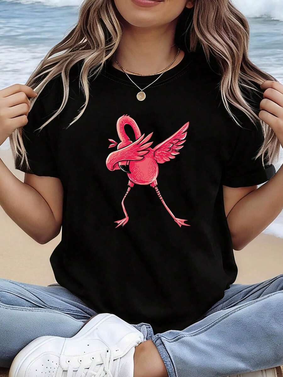 Women's Short Sleeve Crew Neck T-Shirt With Cartoon Flamingo Print And Pattern, For Casual Shopping, Holiday Gifts, Friends Gatherings And Vacation Wear - Unisex Urban Vintage Style Loose Fit Cotton Crew Neck Short Sleeve T-Shirt. - 黑色 - 查看 1