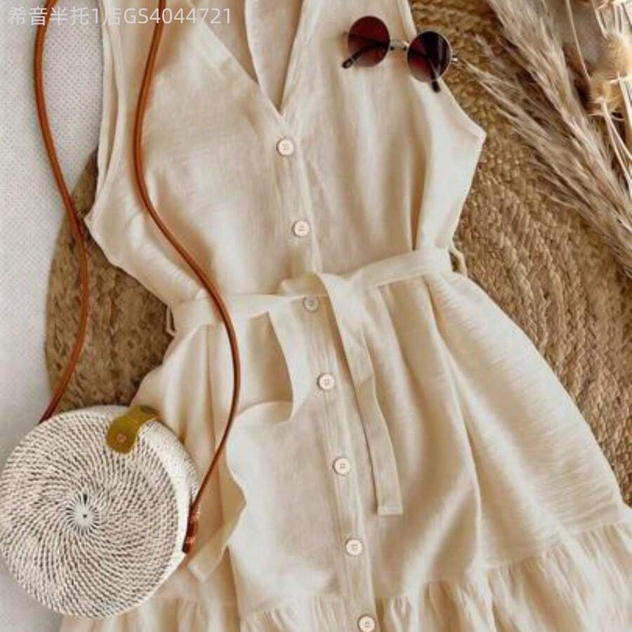 MewMuse. Vestido mini de mujer con cuello en V sin mangas, cintura con lazo y dobladillo con volantes, adecuado para primavera, verano, otoño e invierno, apropiado para citas, casual elegante, ir al trabajo, vestido de resort para mujer, atuendo de oficina, versátil, de moda, uso casual diario, elegante para playa/ - Albaricoque - Ver 1