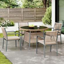 Modern Rattan Garden Furniture Set, Including A Round Glass Table And Four Armchairs, With An Iron Frame. Ideal For A Terrace, Balcony Or Patio. - Grey - View 4