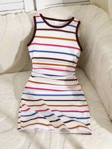 Girls' Sleeveless Fitted Dress, Round Neck With Multicolor Stripes, Suitable For Streetwear, Vacation Wear, Summer New Casual Young Girl' Dress - White - View 2