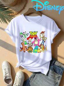Disney Licensed, Best-Selling Women's Print: Minnie Mouse Head, Diamond Sparkle, Bow, Fashionable And Cute Printed Short-Sleeved Crew Neck T-Shirt. Crew Neck, Casual, Comfortable, Stylish, And Versatile, Suitable For Spring, Summer, And Autumn. Optimistic Design, Elastic Fabric. - trắng - Xem 1