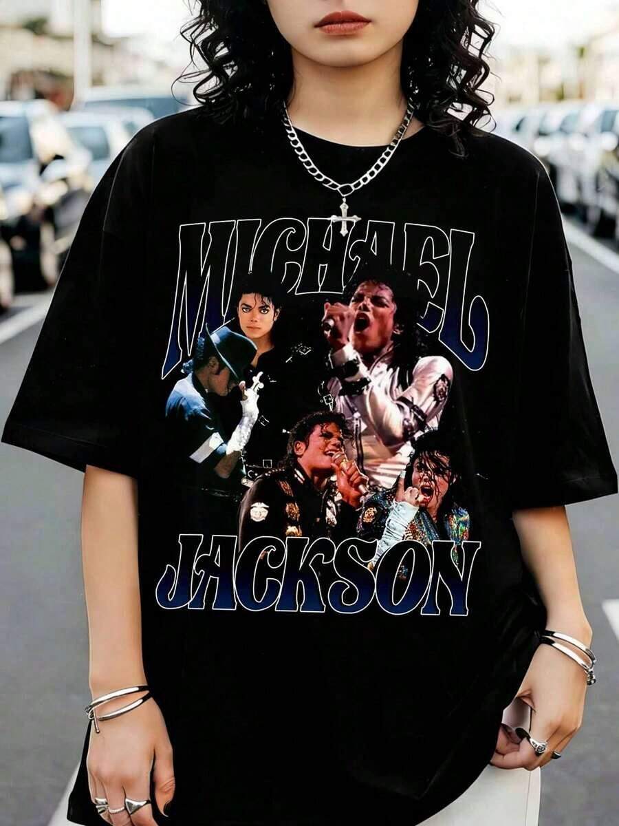 1 Casual Fashion T-Shirt For Men And Women, King Of Pop Fan Style, With Vintage Print. Versatile, Easy To Match, Suitable For Everyday Wear, Streetwear, Vacation Wear, Weekend Wear. - 黑色 - 查看 1
