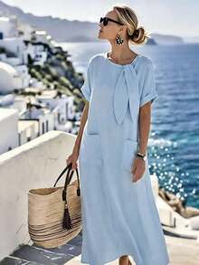 Holidaya Vestido de mujer de manga corta de longitud media con cuello de corbata, bolsillo suelto y textura de tela de color albaricoque para uso diario, viajes y vacaciones. Vestido largo de mujer estilo resort, vestido casual de verano Zanzea para mujer. Vestidos casuales largos para mujer en color azul claro, azul bebé y turquesa. - Celeste - Ver 4