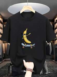 Kids Banana Skateboard Graphic T-Shirt - Casual Summer Short Sleeve Top With Skate Banana Peel Print, Crew Neck T-Shirt For Skating And Outdoor Play, Size (/) - Machine Washable Skate Clothing For Teens - 黑色 - 查看 1
