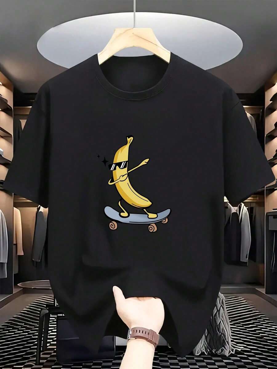 Kids Banana Skateboard Graphic T-Shirt - Casual Summer Short Sleeve Top With Skate Banana Peel Print, Crew Neck T-Shirt For Skating And Outdoor Play, Size (/) - Machine Washable Skate Clothing For Teens - 黑色 - 查看 1