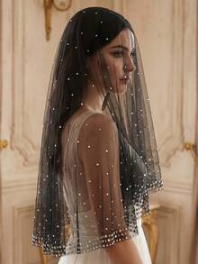 Black Wedding Veil Without Comb Rhinestone Edge Bridal Veil Wedding Accessories Face Veil - Black - View 3
