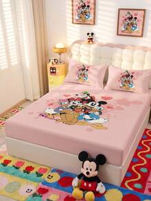 South Life Disney 1件裝迪士尼米奇鼠家庭印花包床單（不含枕套），親膚床墊套，可愛卡通床上用品，柔軟透氣床墊保護套，適用單人/雙人/加大/特大床，可機洗 - 彩色 - 查看 6