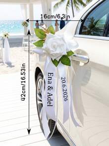 1pc Personalized Wedding Car Ribbon Flower,Custom Text,Artificial White Rose Bow For Bridal Car Door Handle Mirror Decoration - Multicolor - View 8