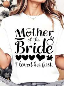 Women's Crew Neck T-Shirt, Mother Of The Bride, Heart And Wedding Ring Print, 220g, Gift For Wedding Party Or Bachelorette Party, Breathable And Comfortable - 白色 - 查看 6