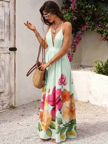 xheVivid Eden Vestido de mujer con estampado floral, cintura ceñida, escote halter y espalda descubierta, adecuado para vacaciones de veranoxhe - Verde - Ver 5
