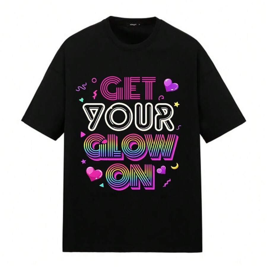 Short-Sleeved T-Shirt With "Get Your Glow On" Text Print, Ideal For Wearing At Home, On The Street, In The Park, At Parties, On Vacation, Or At Nightclubs. Regular Fit, Casual Style, Comfortable And Breathable. - 黑色 - 查看 1