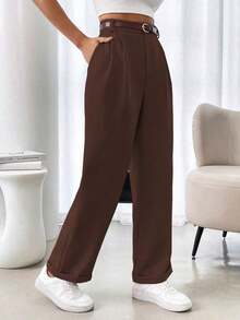 AYYRafferiza Pantalones de traje casuales de mujer de un solo color con pliegues en el bajo y bolsillos, sin estiramientoAYY - Café integral - Ver 1
