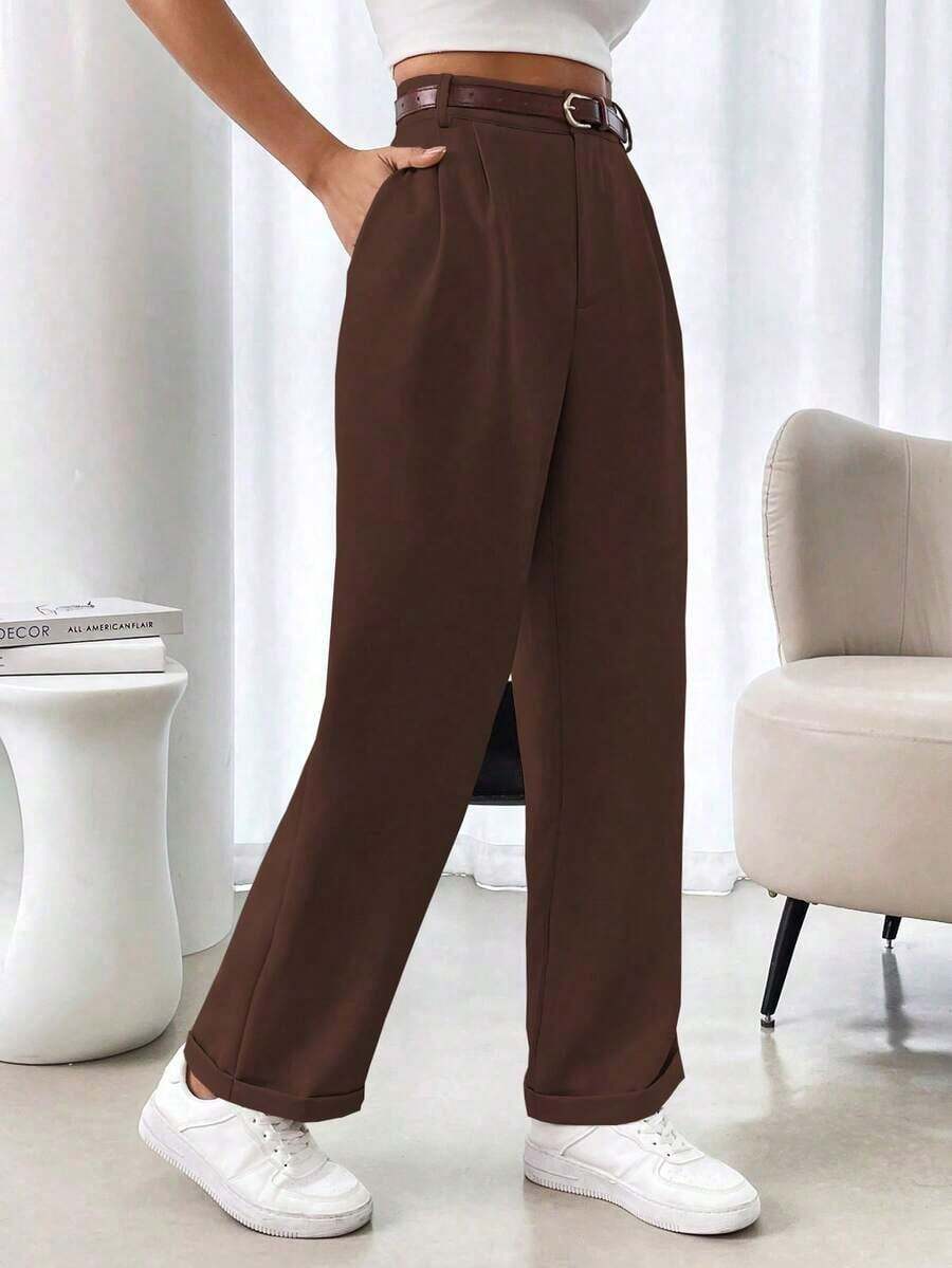 AYYRafferiza Pantalones de traje casuales de mujer de un solo color con pliegues en el bajo y bolsillos, sin estiramientoAYY - Café integral - Ver 1