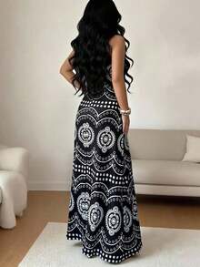 Vestido casual de vacaciones con estampado retro Perris para mujer - Negro - Ver 2