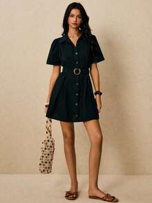 Vestido camisero mini con mangas abullonadas, cinturón con hebilla y unicolor para mujer, estilo casual de verano - Negro - Ver 5