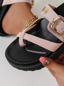 Nuevas sandalias de plataforma con hebilla de metal decorativa, cómodas y versátiles para uso diario - Terciopelo rosa - Ver 9