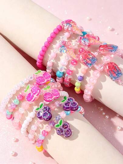 Set de 3 piezas de pulseras con cuentas con diseño de frutas y helados, cuentas coloridas aleatorias, adecuado para la escuela, uso diario y festivales